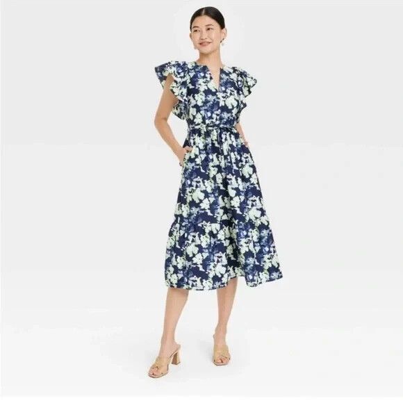a new day Dresses & Skirts - A New Day Flutter Sleeve Poplin Tiered Midi Dress - Navy Floral - Womens MEDIUM